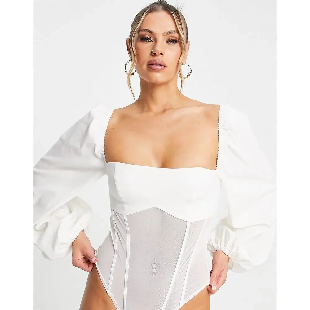 Asos Design Premium Corset Mesh Bodysuit with Exaggerated Sleeves Size 6